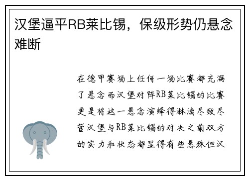 汉堡逼平RB莱比锡，保级形势仍悬念难断