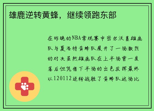 雄鹿逆转黄蜂，继续领跑东部