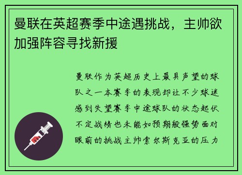 曼联在英超赛季中途遇挑战，主帅欲加强阵容寻找新援